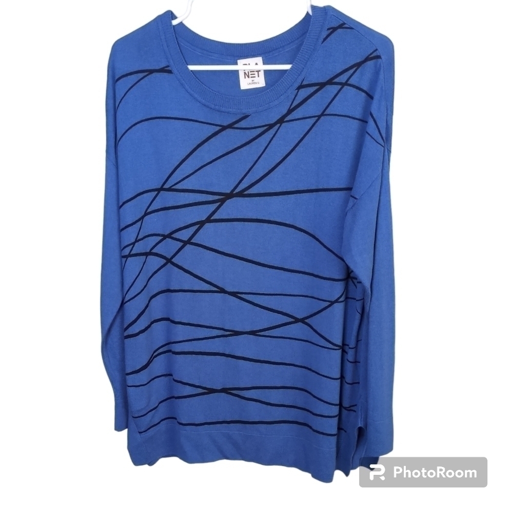 Planet by Lauren G Blue Modal/Pima Cotton Blend Sweater Black Stripes Size Large
